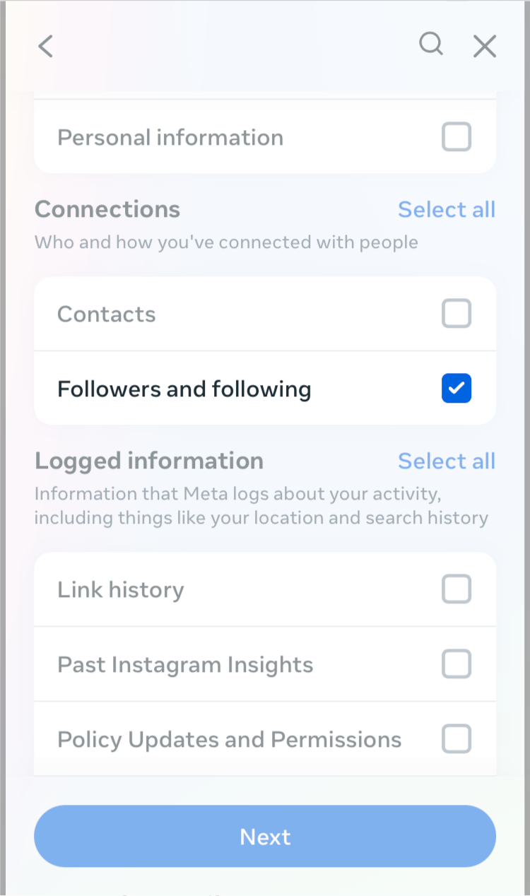 A list of the types of downloadable data. The only type selected is 'Followers and following' under the 'Connections' section.